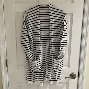 Striped Open Front Cardigan - White & Navy
